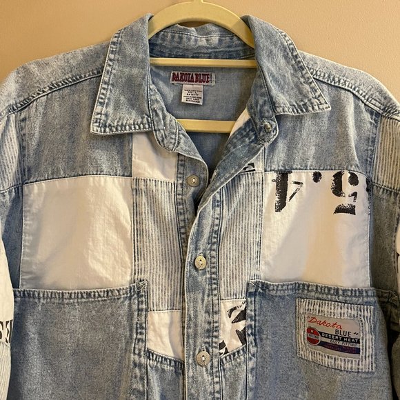 Men's Vintage Dakota Blue Denim Patchwork Button Down Shirt - Picture 7 of 8